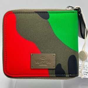 NEW VALENTINO GARAVANI Camouflage Nylon Leather Zip Around Compact Wallet